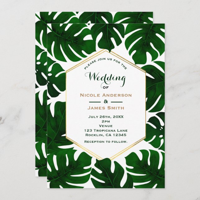 Invitación Hojas Tropicales Verde Oscuro Boda Blanca y Dorada (Anverso / Reverso)