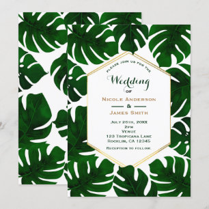 Invitación Hojas Tropicales Verde Oscuro Boda Blanca y Dorada