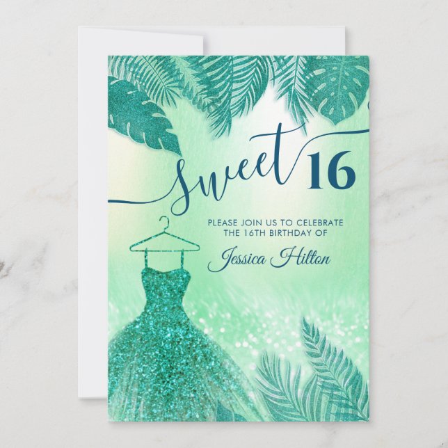 Invitación Hojas tropicales verdes se visten dulces dieciséis (Anverso)