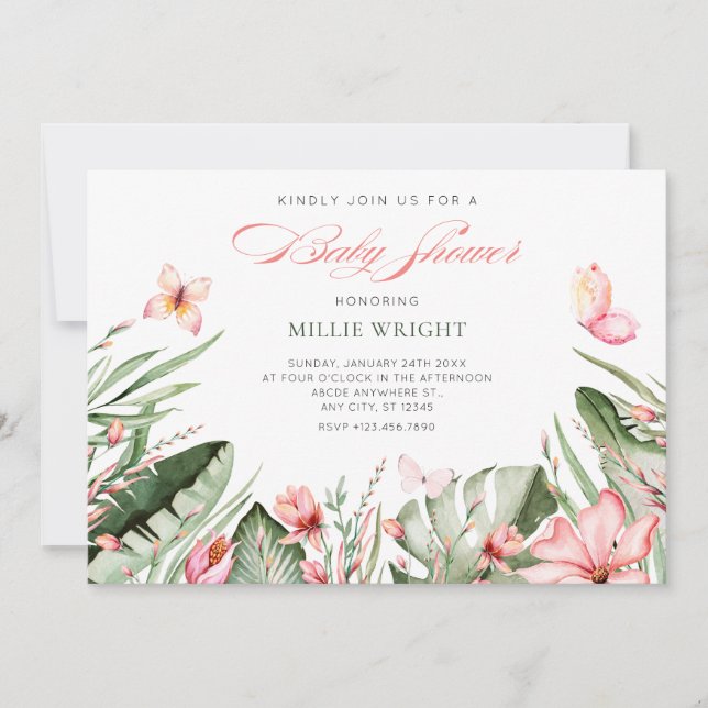 Invitación Hojas tropicales y flores para bebé ducha (Anverso)