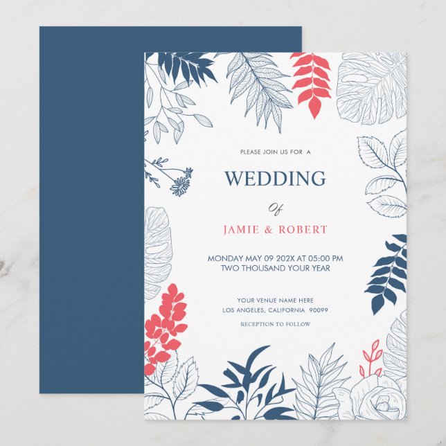 Invitación Hojas tropicales y marco boda de flores (Anverso / Reverso)