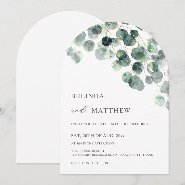 Invitación Hojas Verde Acuarela Flores Moderno Arco (Anverso / Reverso)