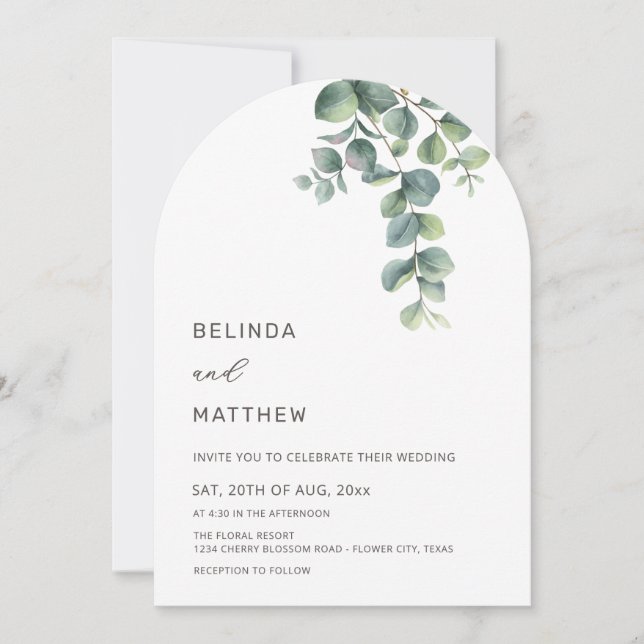 Invitación Hojas Verde Acuarela Flores Moderno Arco (Anverso)