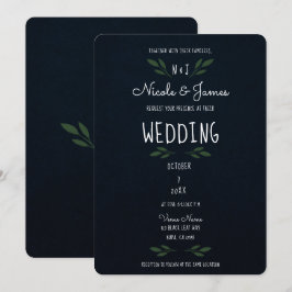 Invitación Hojas Verde Oscuro Azul Modernas Bodas Verdes