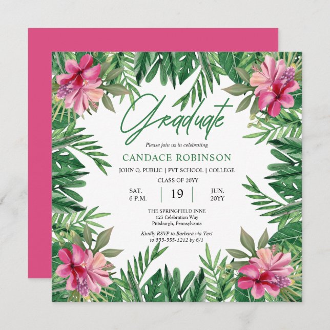 Invitación Hojas Verdes Boho | Fiesta de Graduación de Hibisc (Anverso / Reverso)