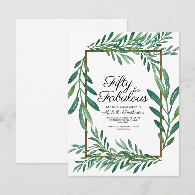 Invitación Hojas Verdes Botánicas Oro Blanco Cumpleaños 50 (Anverso / Reverso)