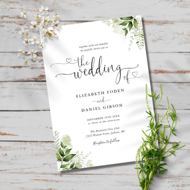 Invitación Hojas Verdes Chic Corazones Script Foto Boda (Subido por el creador)
