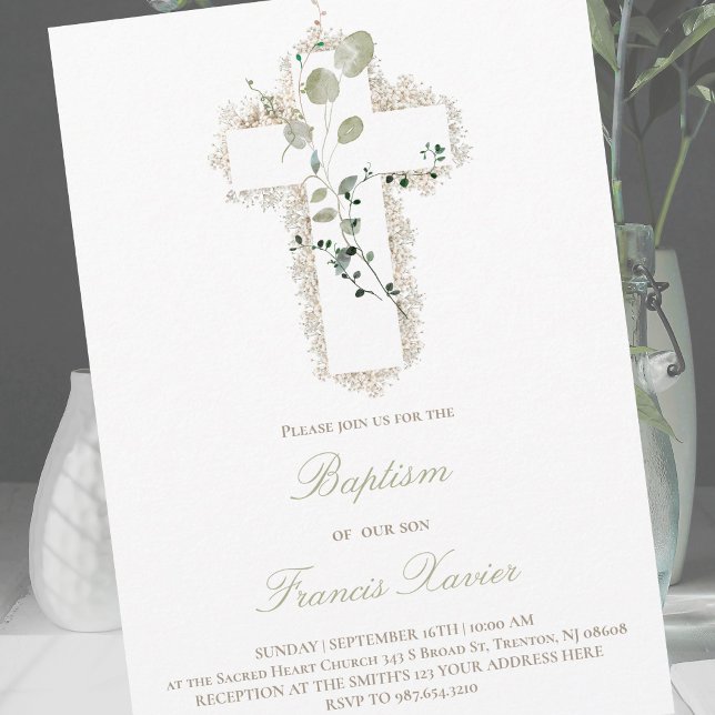 Invitación hojas verdes cruz blanca Bautismo (Subido por el creador)