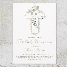 Invitación hojas verdes cruz blanca Primera comunión sagrada