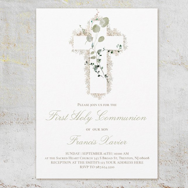 Invitación hojas verdes cruz blanca Primera comunión sagrada (Subido por el creador)