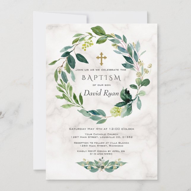Invitación Hojas verdes cruzan la corona marble bautismo (Anverso)