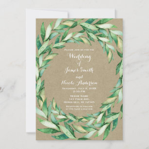 Invitación Hojas Verdes de Acuarela Boda Rústica Kraft