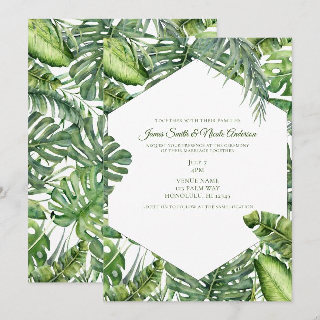 Invitación Hojas verdes de palma tropical boda de verano en l (Anverso / Reverso)