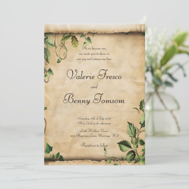Invitación Hojas verdes de pergamino (Anverso de pie)