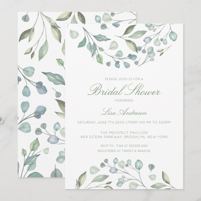 Invitación Hojas verdes, duchas nupciales naturales (Anverso / Reverso)