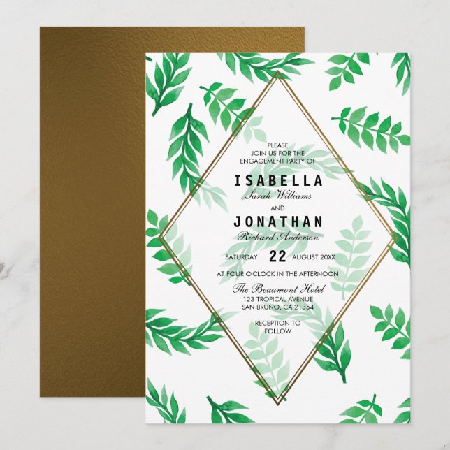 Invitación Hojas verdes| Fiesta de compromiso floral de oro (Anverso / Reverso)