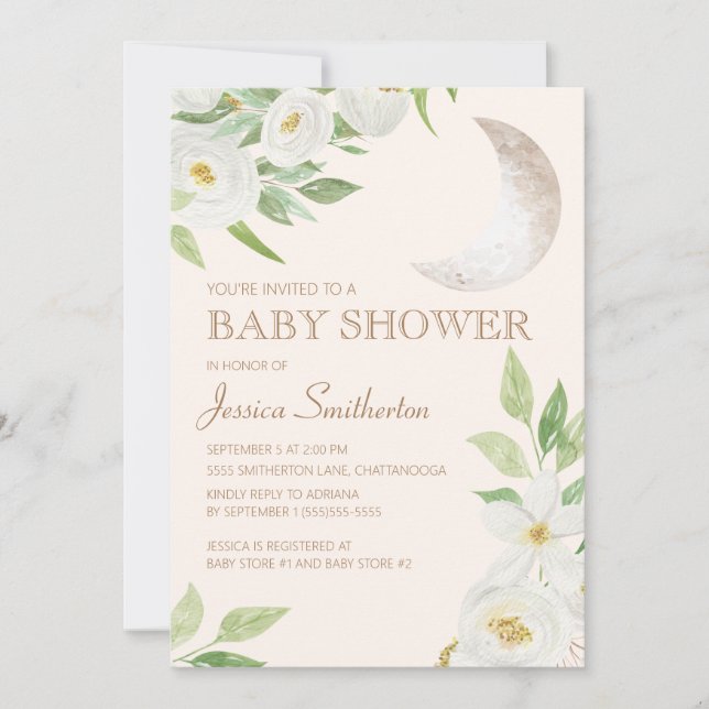 Invitación Hojas verdes florales blancas de Baby Shower Moon (Anverso)