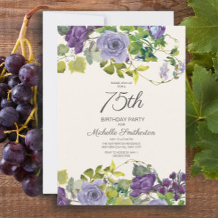 Invitación Hojas verdes florales púrpura Cumpleaños 75 mujere