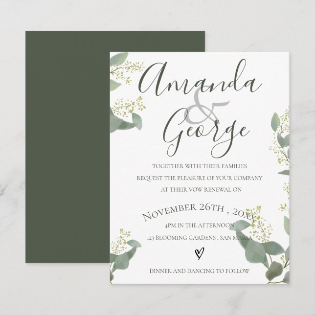 Invitación Hojas verdes | Guión elegante | Renovación del vot (Anverso / Reverso)