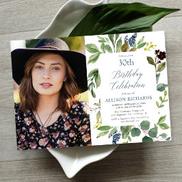 Invitación Hojas verdes polvorientas foto de cumpleaños azul