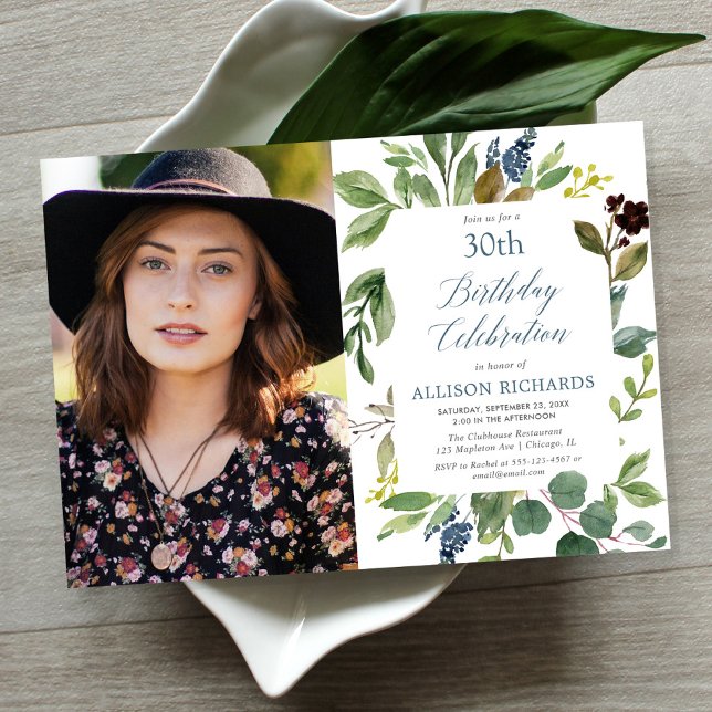 Invitación Hojas verdes polvorientas foto de cumpleaños azul (Subido por el creador)
