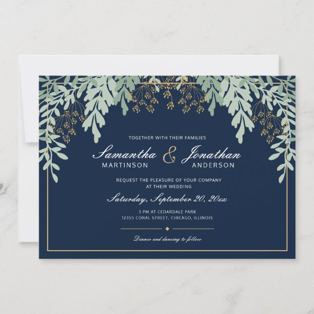 Invitación Hojas verdes sabrosas sobre azul oscuro | BODA (Anverso)