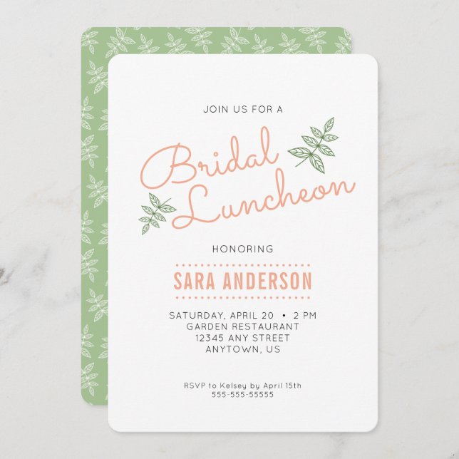 Invitación Hojas verdes sabrosas y almuerzo de novias corales (Anverso / Reverso)