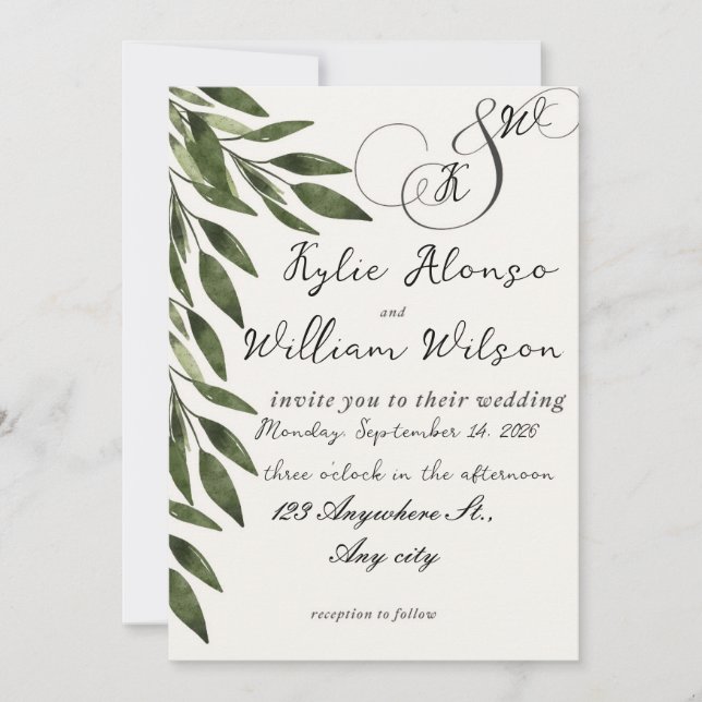 Invitación Hojas verdes simples para boda (Anverso)