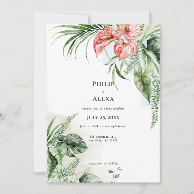 Invitación Hojas verdes tropicales boda de flores de anturio (Anverso)