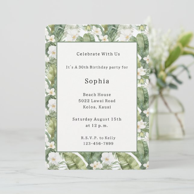 Invitación Hojas Verdes Tropicales Orquídeas Blancas Cumpleañ (Anverso de pie)