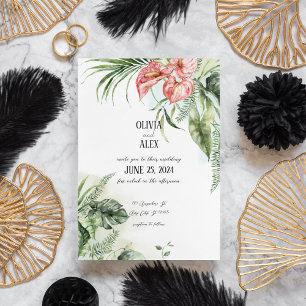 Invitación Hojas verdes tropicales y flores rosadas de anturi