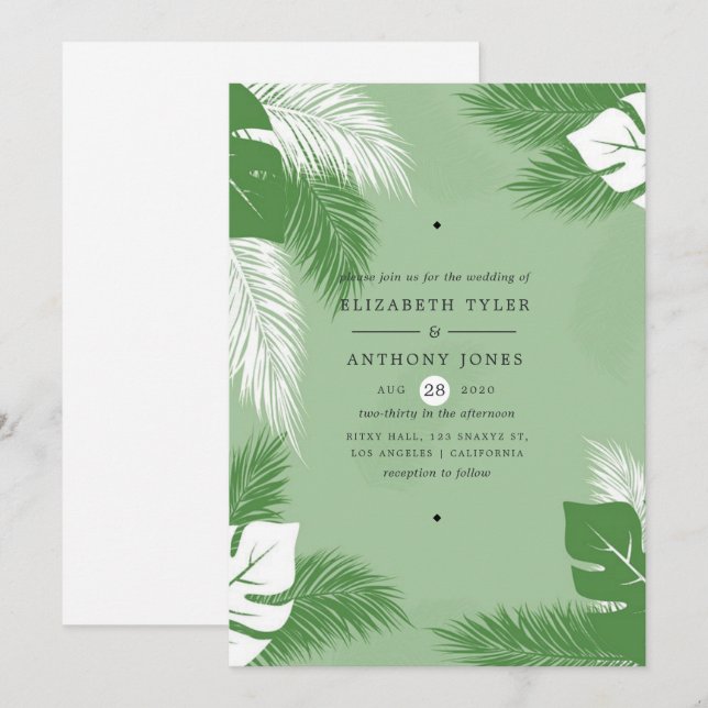 Invitación Hojas Verdes y Blancas Boda Tropical Exótica (Anverso / Reverso)