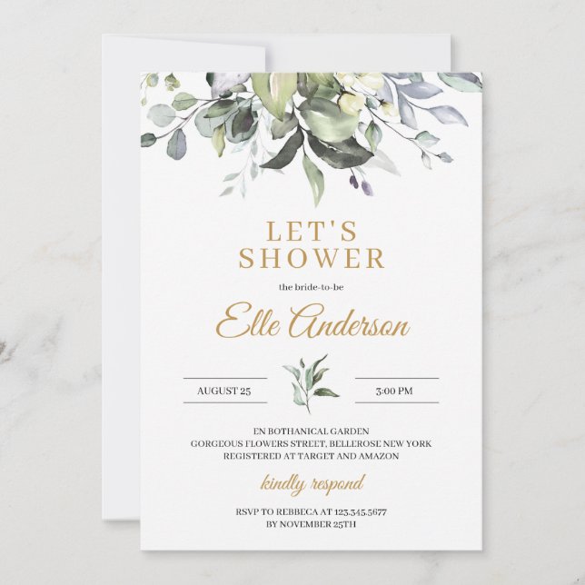 Invitación Hojas verdes y ducha de novias de oro (Anverso)