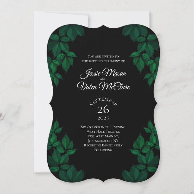 Invitación Hojas verdes y negras Boda gótica elegante (Anverso)