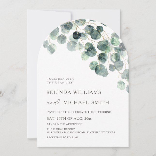 Invitación Hojas Verdor Acuarela Flores Arco Moderno (Anverso)