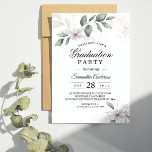 Invitación Hojas y flores de color verde suave   Oro