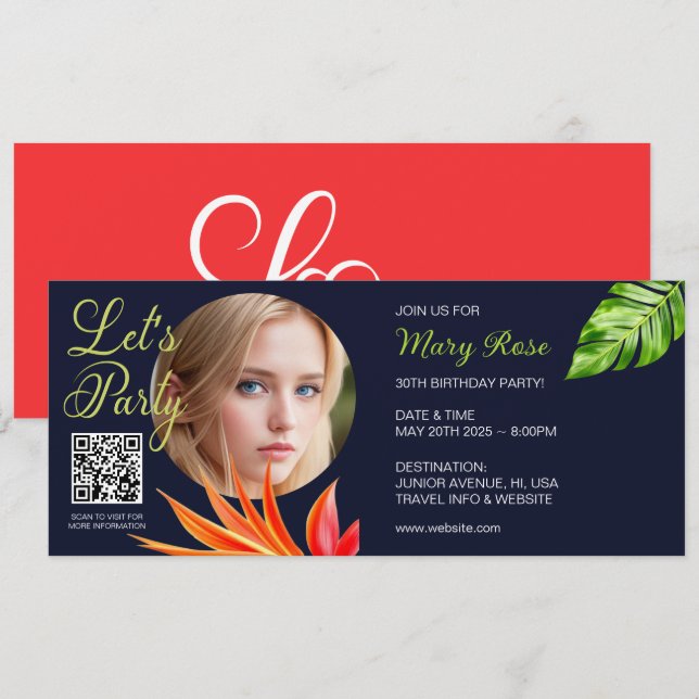 Invitación Hojas y flores tropicales (Anverso / Reverso)