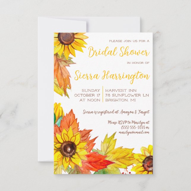 Invitación Hojas y girasoles otoñales, ducha nupcial (Anverso)