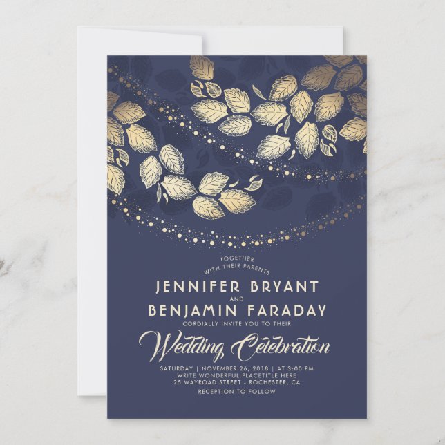 Invitación Hojas y luces de árbol de oro | Boda azul de la Ma (Anverso)