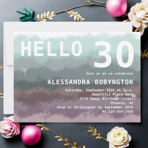 Invitación Hola 30 cumpleaños color blanco púrpura oscuro ver