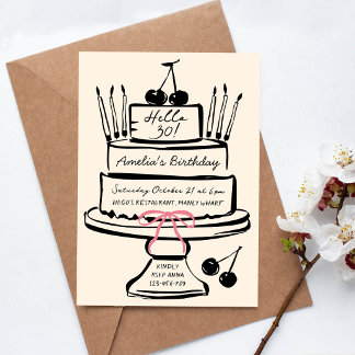 Invitación Hola 30, Tarta contemporánea con lazo rosa dibujad