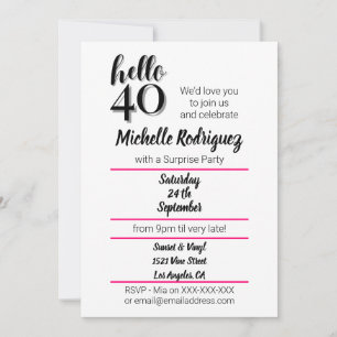 Invitación Hola 40 - 40º cumpleaños Fiesta rosa y negro moder