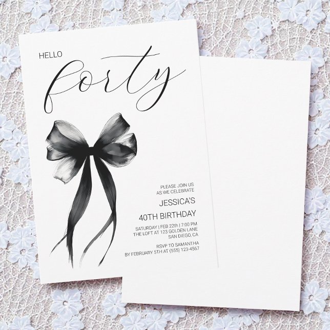 Invitación Hola 40 Black Bow Elegant 40 Birthday Fiesta (Hello Forty Black Bow Elegant 40th Birthday Party Invitation)