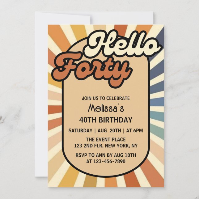 Invitación Hola 40 Brown Retro Sun Groovy Wave Cumpleaños (Anverso)
