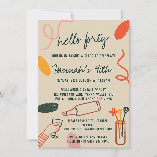 Invitación Hola 40 Cuarenta Bodega Lunch Cumpleaños (Anverso)