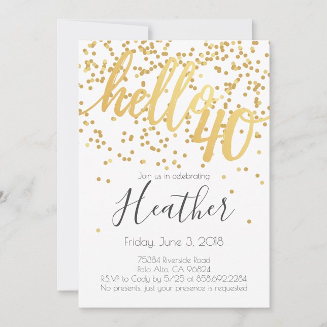 Invitación Hola 40 cumpleaños Confetti de oro y blanco (Anverso)