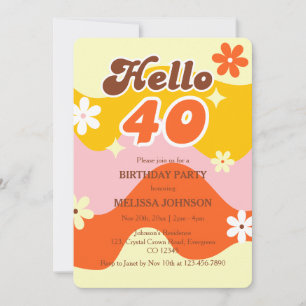 Invitación Hola 40 Ola Retro Flor Groovy Cumpleaños 