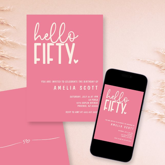 Invitación Hola 50 años Pink Moderno Mínimo (Subido por el creador)
