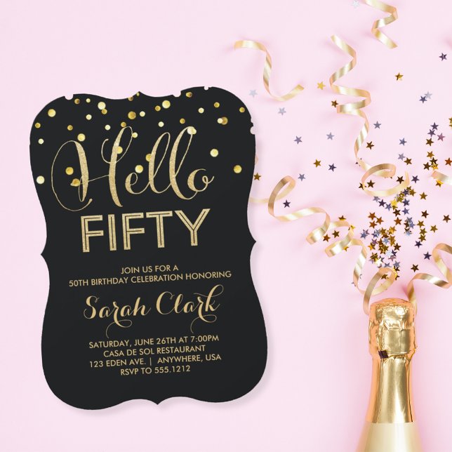 Invitación Hola 50 Black Gold Confetti 50 cumpleaños (Subido por el creador)