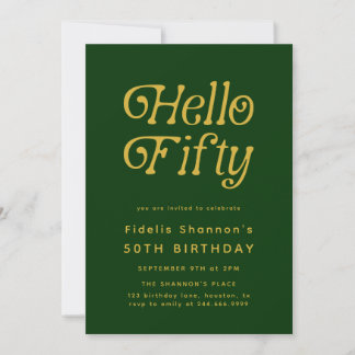 Invitación Hola 50 cumpleaños Retro Moderno Verde y Oro